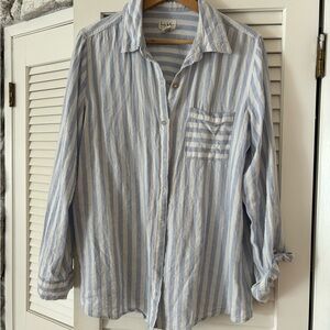 Linen blend  Blue and White Striped Casual Button Down Shirt